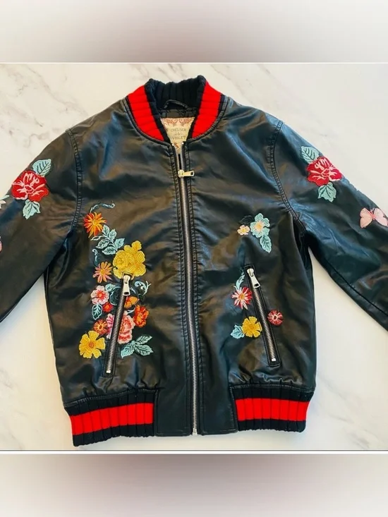Chelsea & Violet Embroidered Floral Lightweight Varsity Bomber Jacket Black- XS - Picture 10 of 12